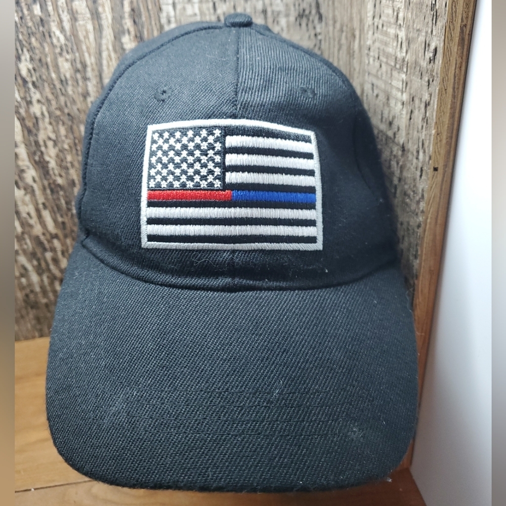 American Flag Strapback Hat Black One Size Adjustable Fire Police Patriotic